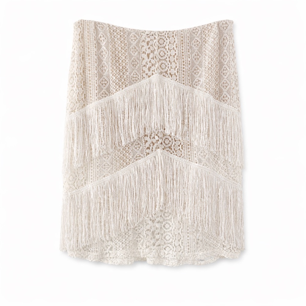 Blithe Los Angeles Tiered Fringe Mini Skirt Crochet Lace Cream Large